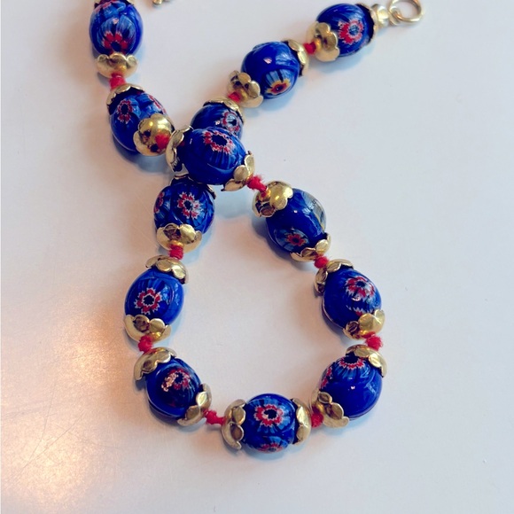 Vintage Cloisonne Bead Bracelet Blue with Red Flowers Individually Knotted - Picture 1 of 11